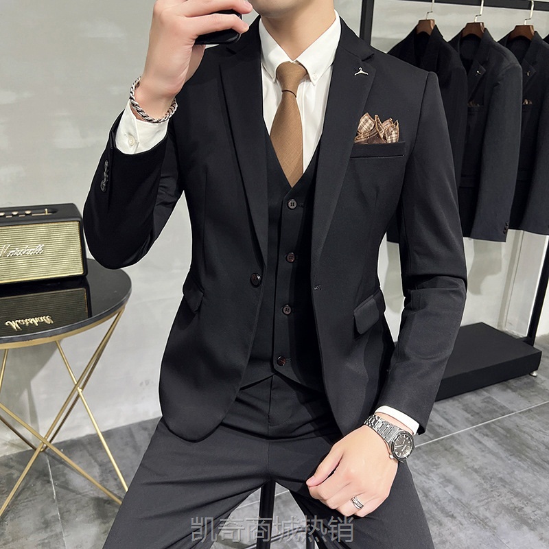 休闲男士西服三件套青年韩版修身高级感高端新郎礼服西装主持人