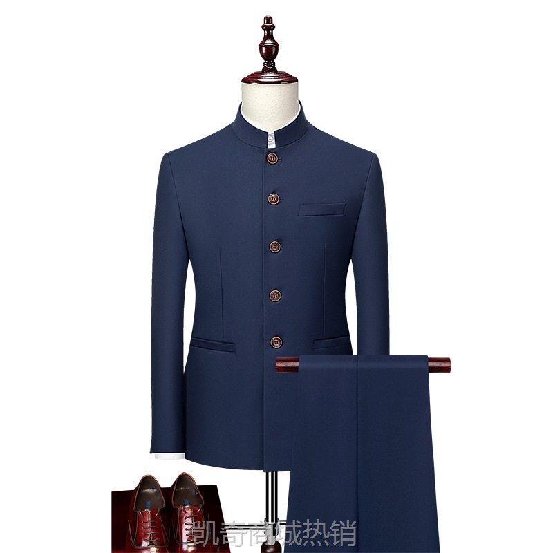 男士商务休闲中山装西服西裤两件套2024春秋季男士潮牌休闲套装薄