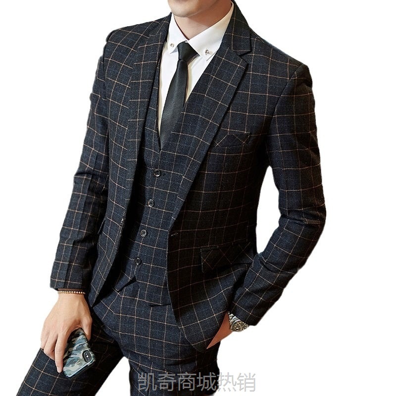 小西装帅气时尚西服套装韩版修身青年结婚礼服英伦风格子黄色线条