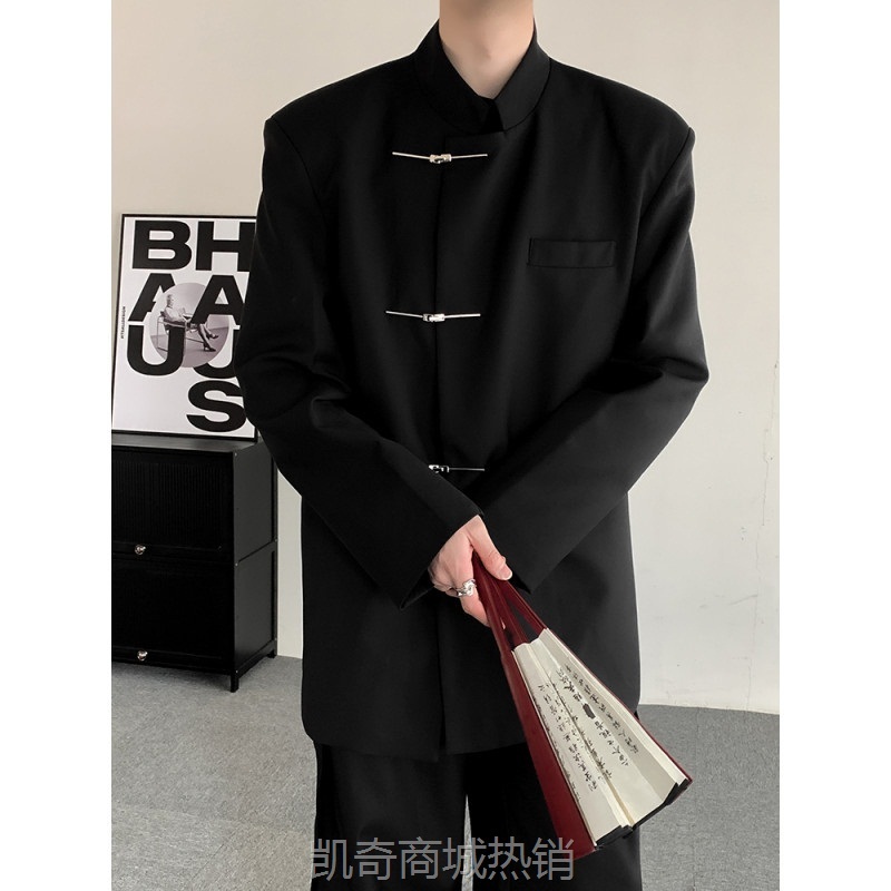 春季新中式中山装立领金属扣男士西服结婚礼服休闲西装复古外套潮
