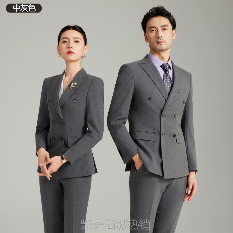 双排扣灰色男女同款套装西服婚礼商务职业装新款伴郎新郎套西862