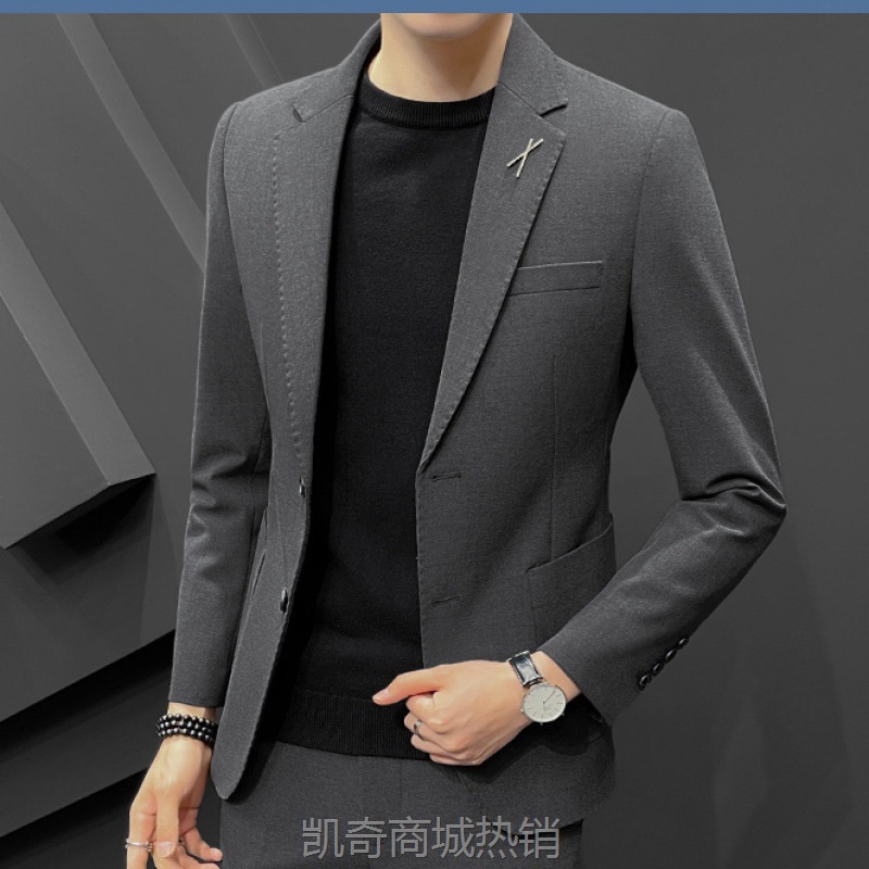 时尚男士商务休闲灰色小西装套装韩版正装结婚新郎西服外套