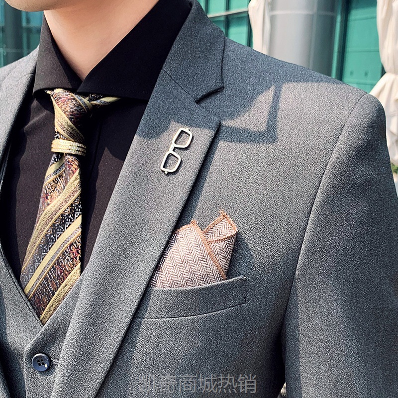一件代发新款西服男士套装纯色麻料商务西装三件套新郎伴郎礼服潮