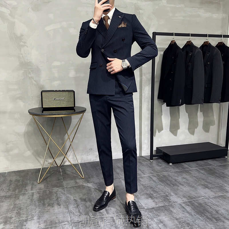 双开叉条纹西装男套装青年修身韩版休闲西服外套潮流新郎结婚礼服