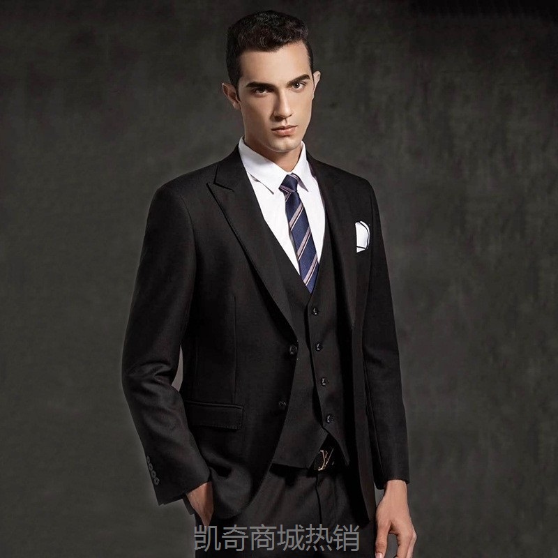 戗驳领男士婚礼西服套装黑色商务正装三件套修身伴郎新郎结婚礼服