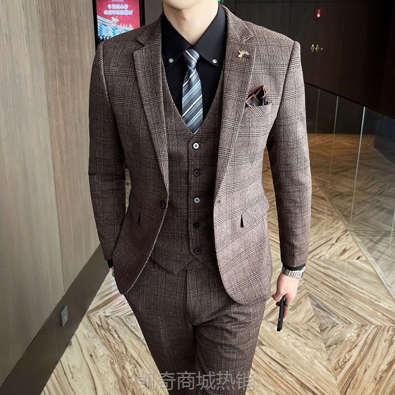新郎西服套装男士三件套休闲商务正装修身结婚礼服格子西装男英伦
