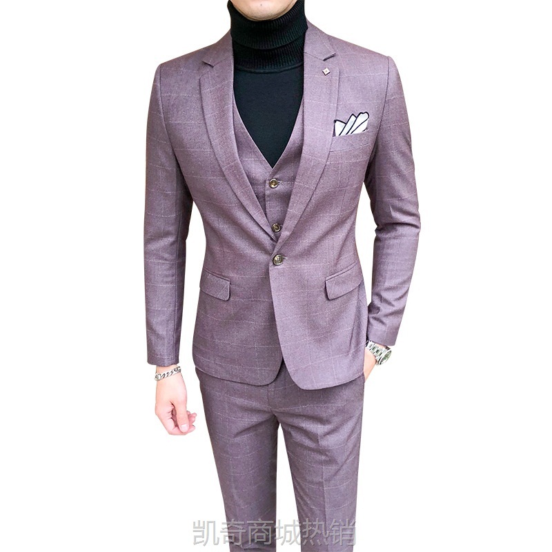 新款男士格子韩版修身西装三件套职业装伴郎服装新郎结婚礼服男装