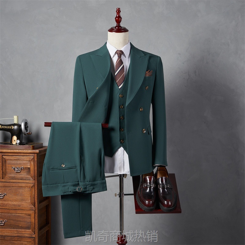 新郎西服套装男士双排扣英伦风商务职业正装修身韩版结婚礼服西装