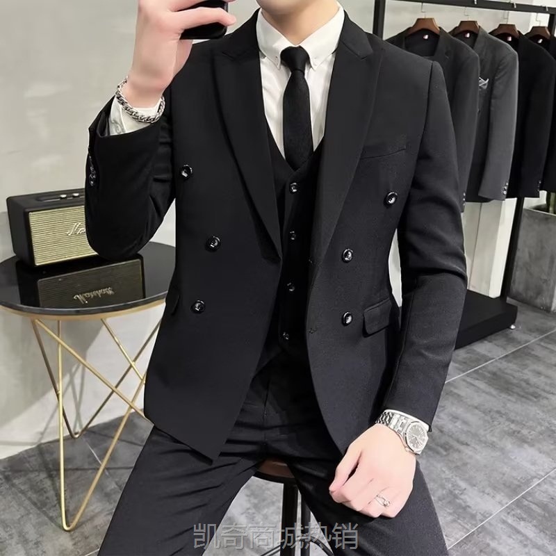 春夏季男士网红双排扣西装外套设计感修身西服伴郎婚礼服时尚上衣