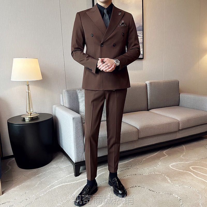 双排扣西服套装男新款休闲伴郎新郎结婚三件套修身韩版商务礼服男