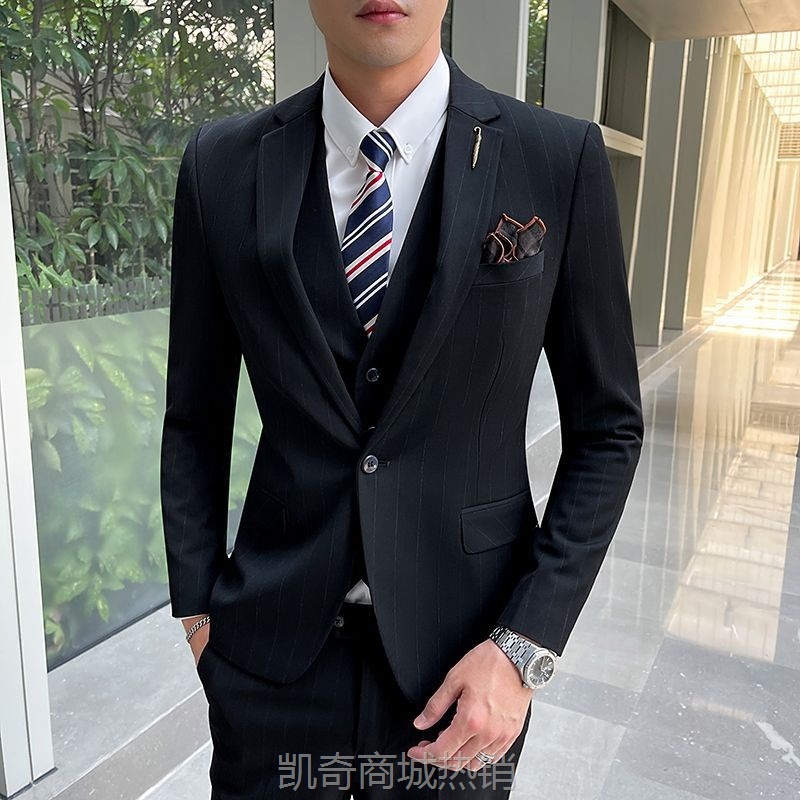 单西条纹西装男西装三件套男西装高级西服套装一整套高档结婚新郎
