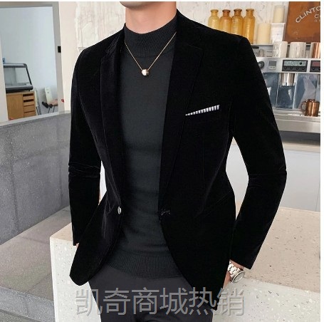 秋冬金色天鹅绒西装外套高品质修身西装外套时尚休闲男士新郎歌手