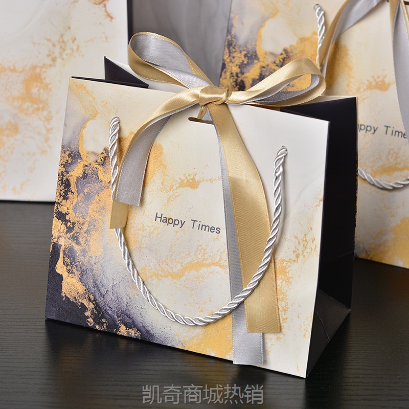 新款大理石纹礼品袋时尚手提袋配丝带包装袋现货服装纸袋糖果袋子