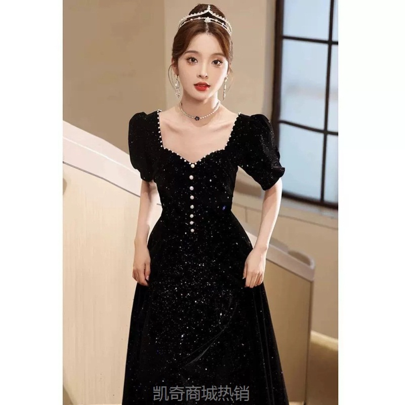 黑色大码晚礼服裙女新款丝绒高级感胖mm200斤宴会年会主持人礼服