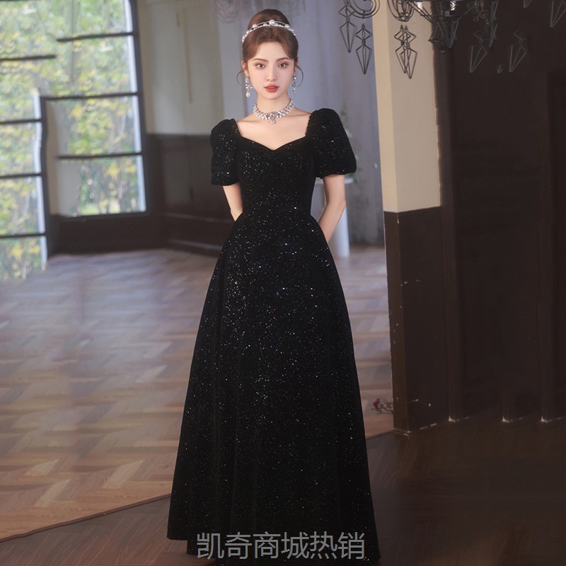 艺考生晚礼服2024新款黑色丝绒宴会主持人年会礼服裙时尚气质春季