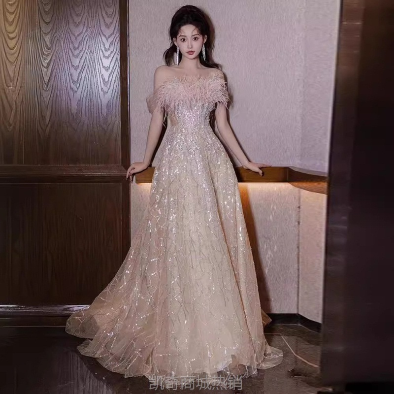 2024新款新娘订婚敬酒服法式一字肩晚礼服女成人礼艺考毕业连衣裙