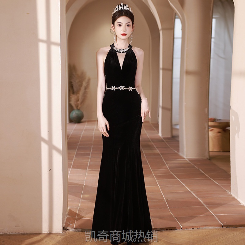 黑色晚礼服2024新款轻奢小众高端毕业鱼尾高级感修身生日主持裙女