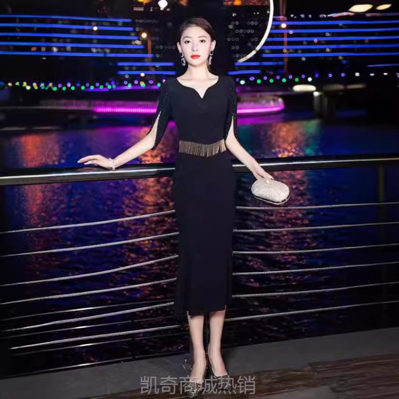 喜婆婆喜妈妈婚宴礼服夏季长款高级修身鱼尾中式短袖手工钉珠优雅