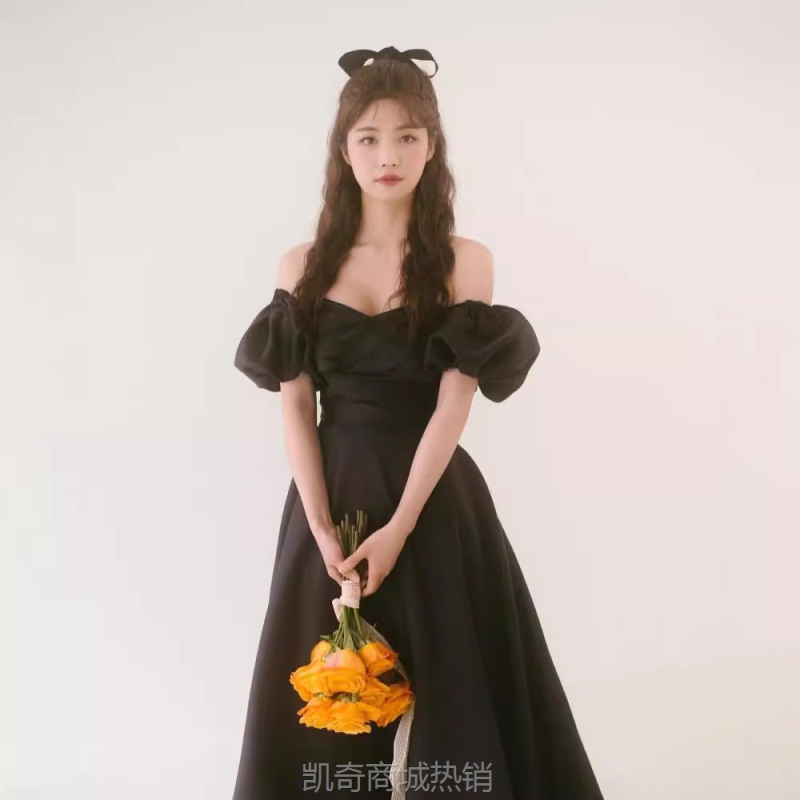法式轻婚纱缎面简约赫本风黑色泡泡袖方领宴会气质晚礼服齐地韩系