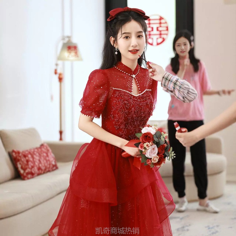 旗袍敬酒服2024新款新娘结婚夏季红色婚纱小个子高级感订婚礼服女