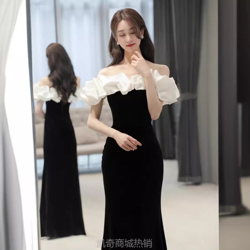 一字肩晚礼服女高级感生日黑色订婚连衣裙敬酒服新娘鱼尾法式年会