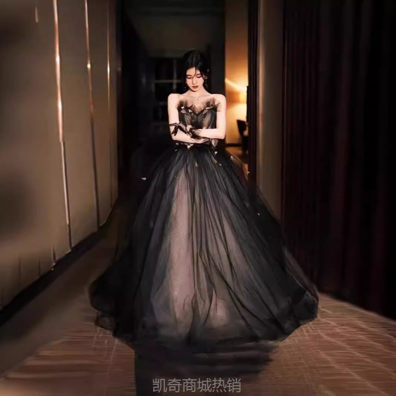 黑色抹胸敬酒晚礼服女高级感轻奢小众鞠静祎同款成人礼高中毕业裙