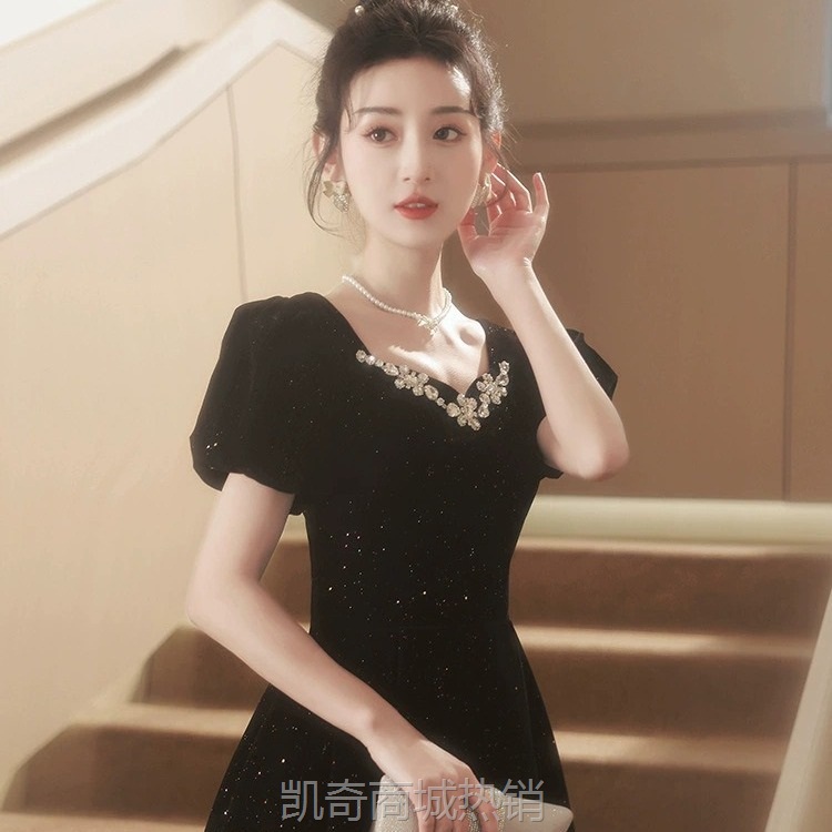 黑色晚礼服裙女轻奢小众高端艺考声乐钢琴气质主持人星空长裙批发