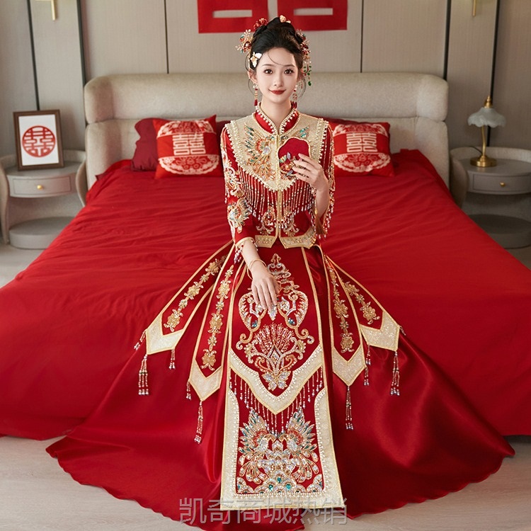 丝绒秀禾服2024新款中式婚服新娘结婚礼服敬酒服嫁衣小个子冬季