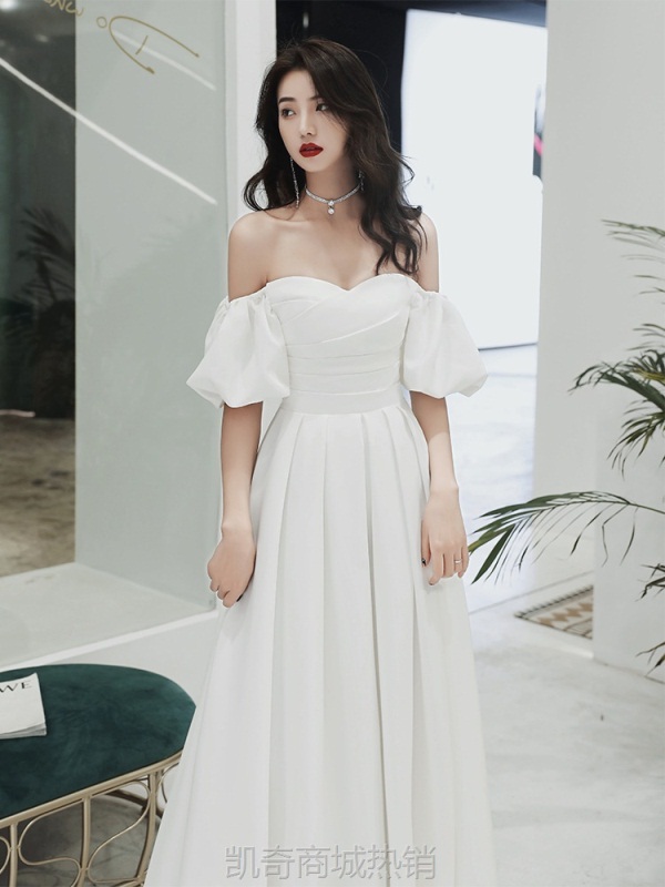 2024新款白色晚礼服女生日新娘结婚订婚领证一字肩小白裙轻婚纱女