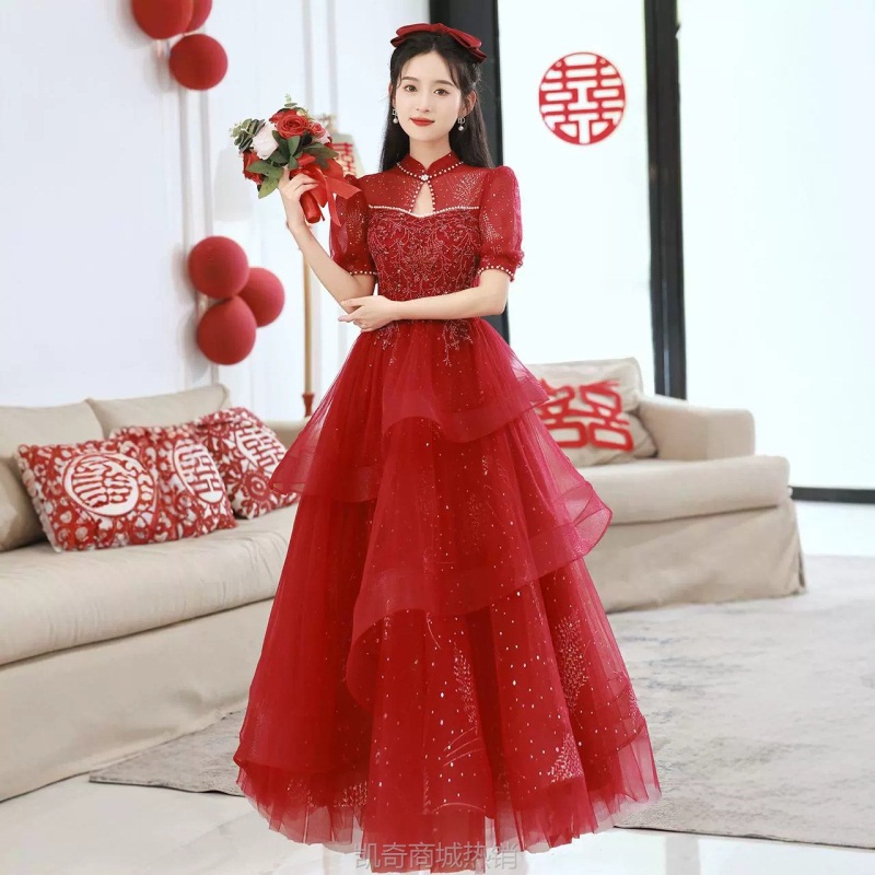 旗袍敬酒服2024新款新娘结婚夏季红色婚纱小个子高级感订婚礼服女