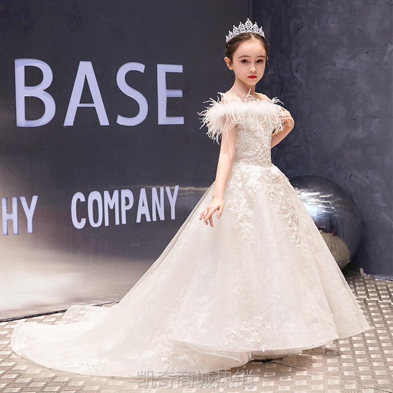 儿童拖尾外贸礼服女童公主裙走秀花童婚纱洋气小主持人钢琴演出服