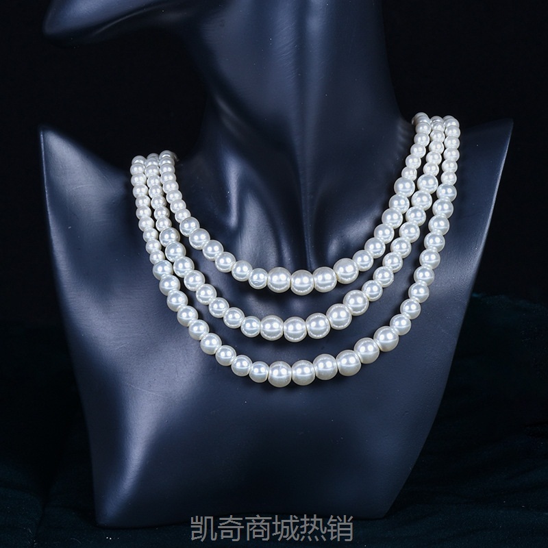跨境三层玻璃珍珠项链优雅时尚毛衣链礼服旗袍颈链 戏曲服饰配饰