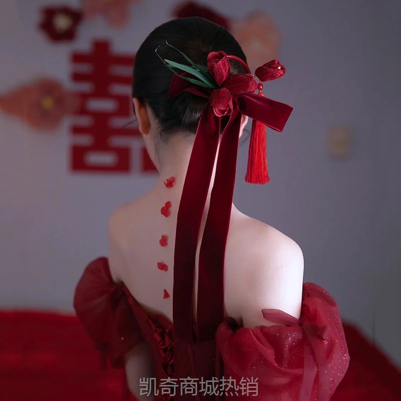 新娘红色对夹发饰侧边气质时尚头饰结婚敬酒服礼服旗袍晚宴配饰品