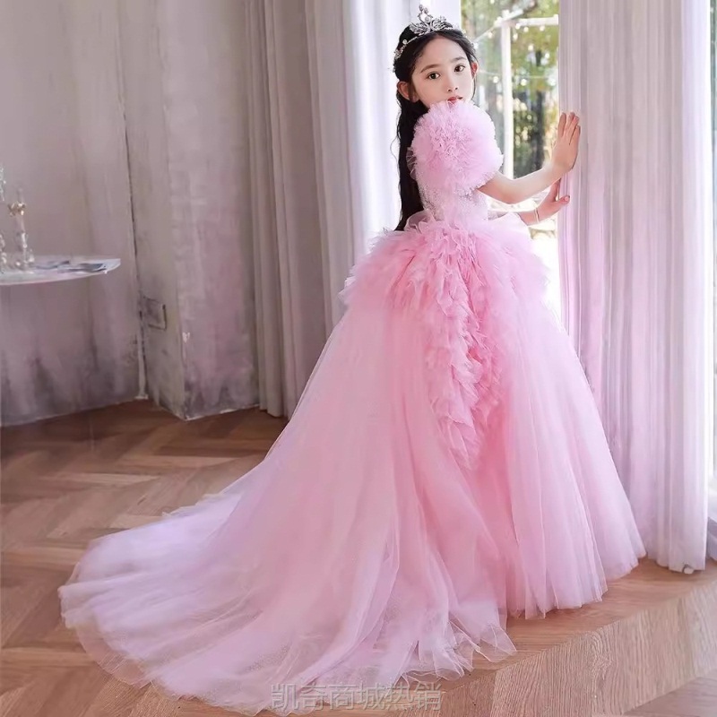 女童礼服时尚主持人拖尾模特走秀公主裙儿童轻奢洋气粉色蓬蓬纱夏