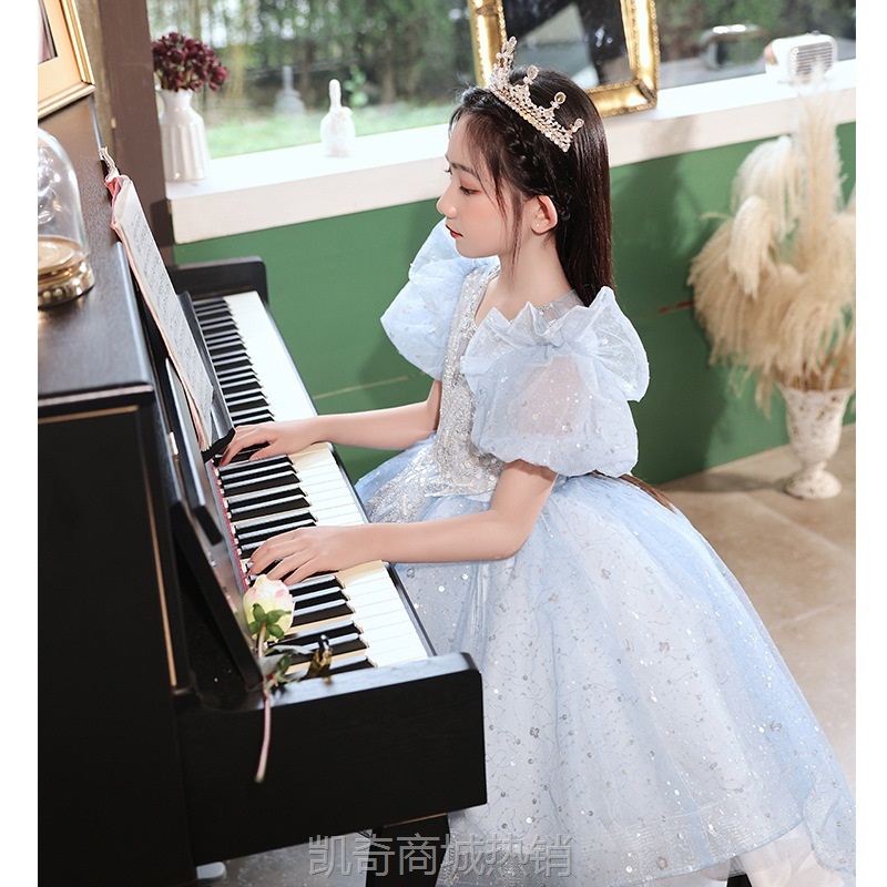 女童拖尾礼服公主裙高端洋气儿童生日主持人蓬蓬纱花童钢琴演出服