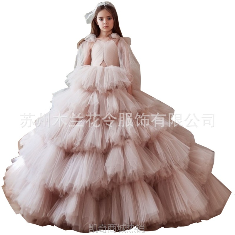 外贸新款儿童拖尾礼服女童钢琴生日演出服花童模特走秀潮范蛋糕裙