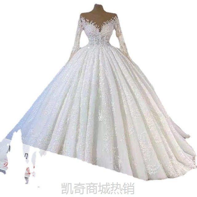 2023新款外贸婚纱礼服 非洲跨境新娘结婚蕾丝长袖婚纱厂家货源