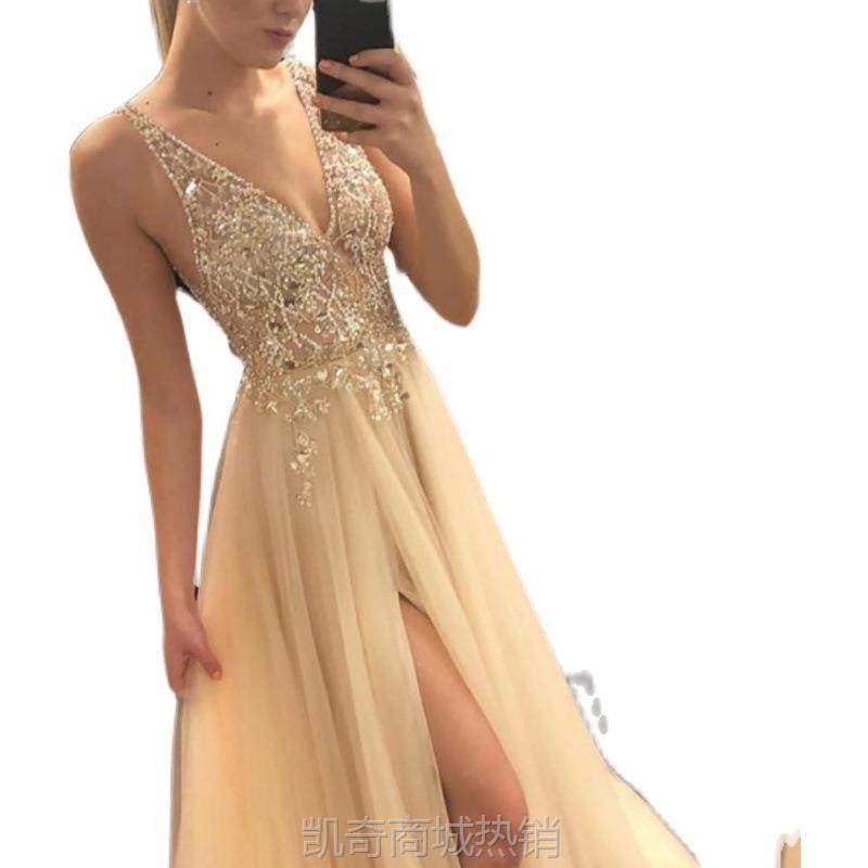 Shiny evening dress2024欧美夏季金色V领拼接连衣裙派对晚礼服