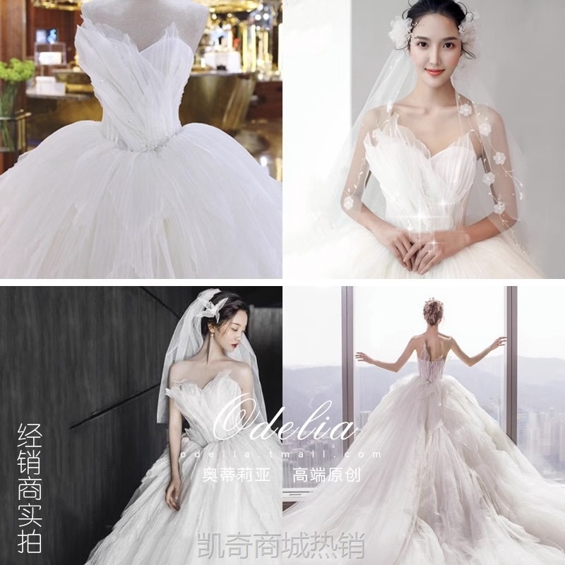 odelia《天鹅》网红简约婚纱礼服2023新款主婚纱拖尾新娘出门纱女