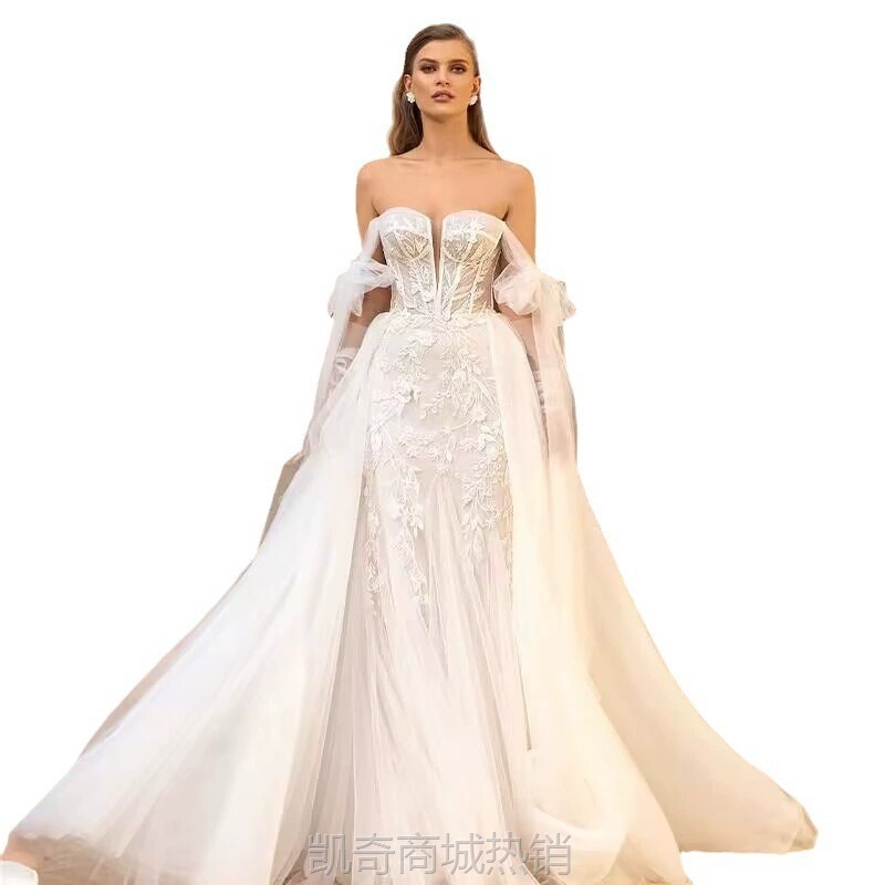 结婚婚纱礼服2024新款一字肩外贸婚纱大裙摆蕾丝拖尾外贸婚纱批发