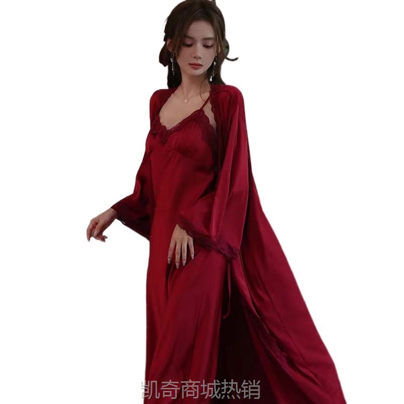 法式宫廷风睡衣女2024年春秋设计感纯欲风红色喜庆长款睡袍