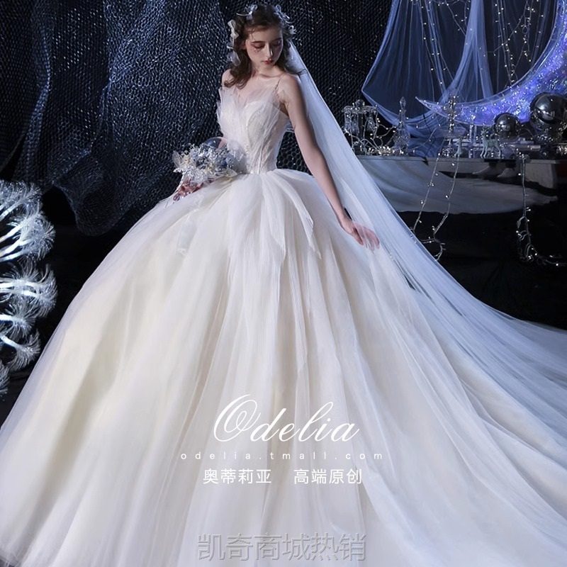 odelia《天鹅》网红简约婚纱礼服2023新款主婚纱拖尾新娘出门纱女