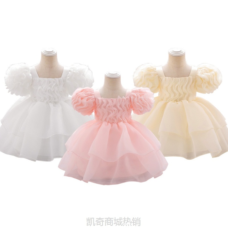 ins童装 女童连衣裙洋气派对公主裙礼服周岁蓬蓬裙泡泡袖软纱裙