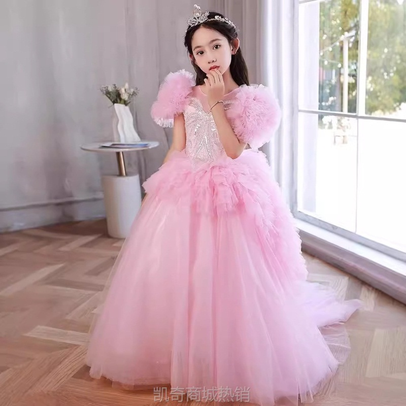 女童礼服时尚主持人拖尾模特走秀公主裙儿童轻奢洋气粉色蓬蓬纱夏
