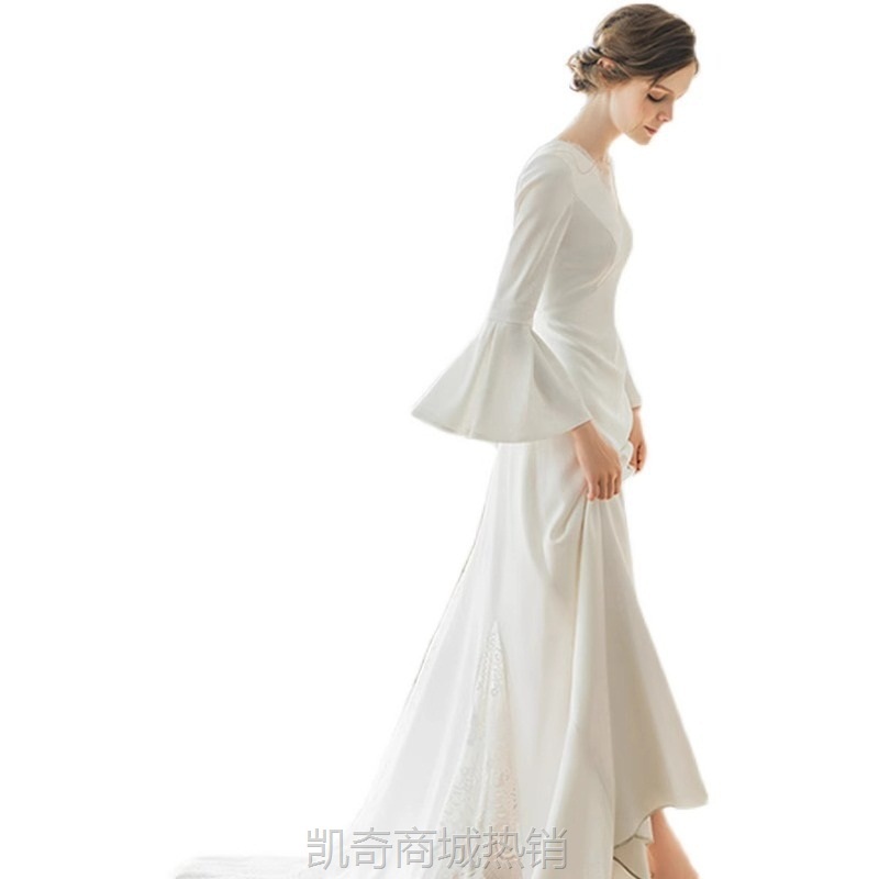 法式欧美风轻婚纱出门纱新娘订婚礼服旅拍简约缎面拖尾迎宾纱批发