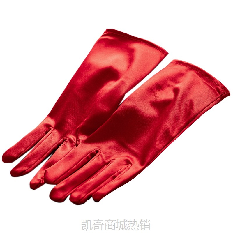 新款结婚新娘手套婚纱缎面短款优雅红色结婚秀禾服婚礼绸缎手套
