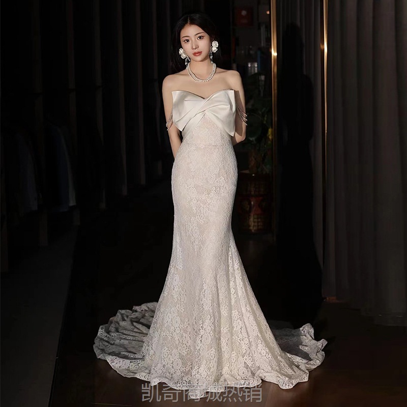 抹胸轻婚纱法式蕾丝高端轻奢小众超仙鱼尾出门纱新娘迎宾拖尾礼服