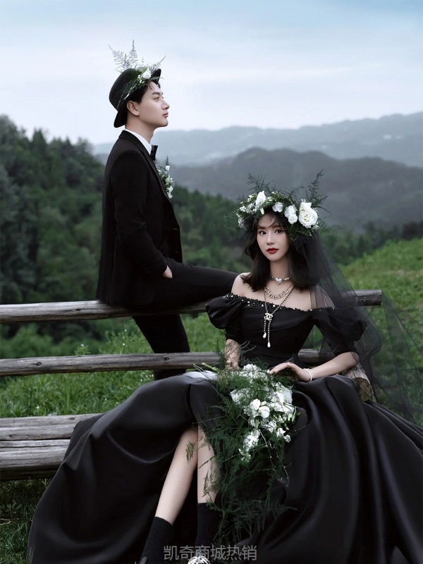 影楼外景主题拍照服装时尚连衣裙情侣写真黑色礼服唯美公主婚纱裙