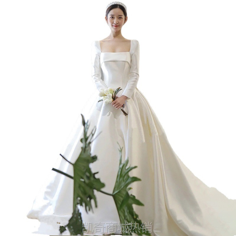 高档缎面轻婚纱拖尾新款新娘拍照登记结婚白色礼服长袖遮粗手臂