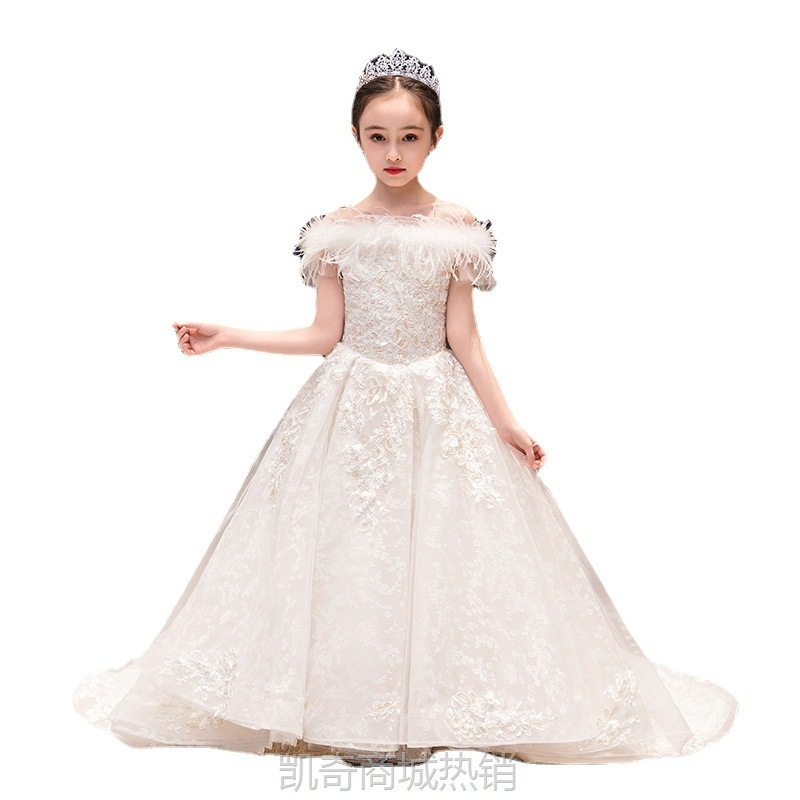 儿童拖尾外贸礼服女童公主裙走秀花童婚纱洋气小主持人钢琴演出服